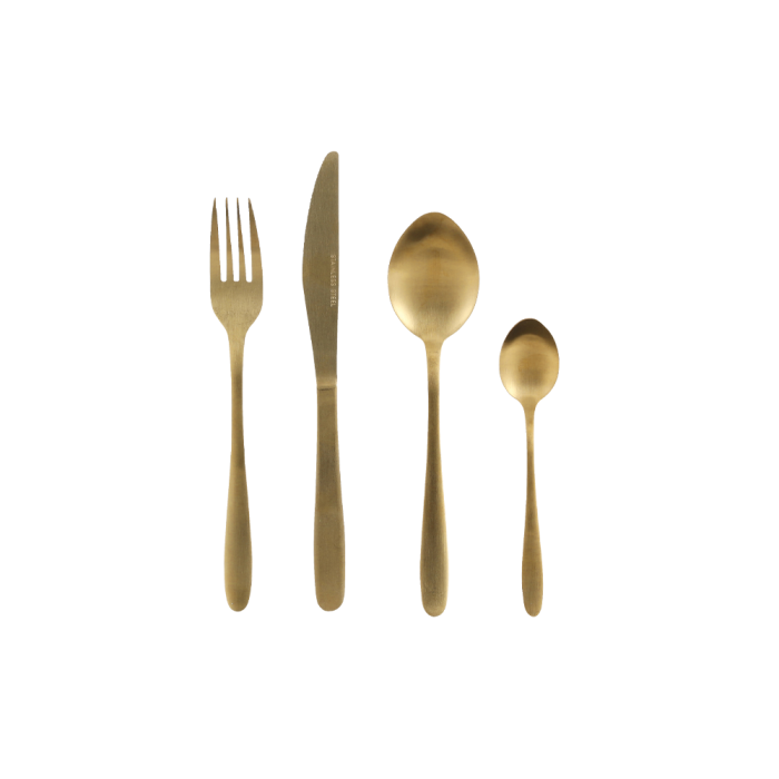 Gaffel, kniv, spiseske og teske i mørk guldfarve