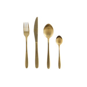 Gaffel, kniv, spiseske og teske i mørk guldfarve
