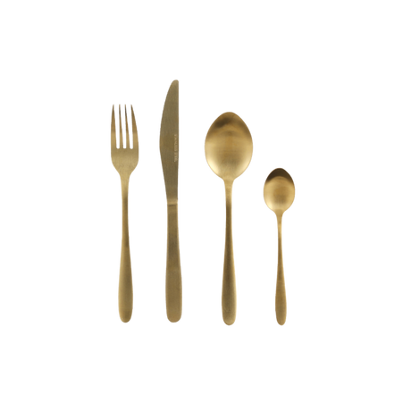 Gaffel, kniv, spiseske og teske i mørk guldfarve