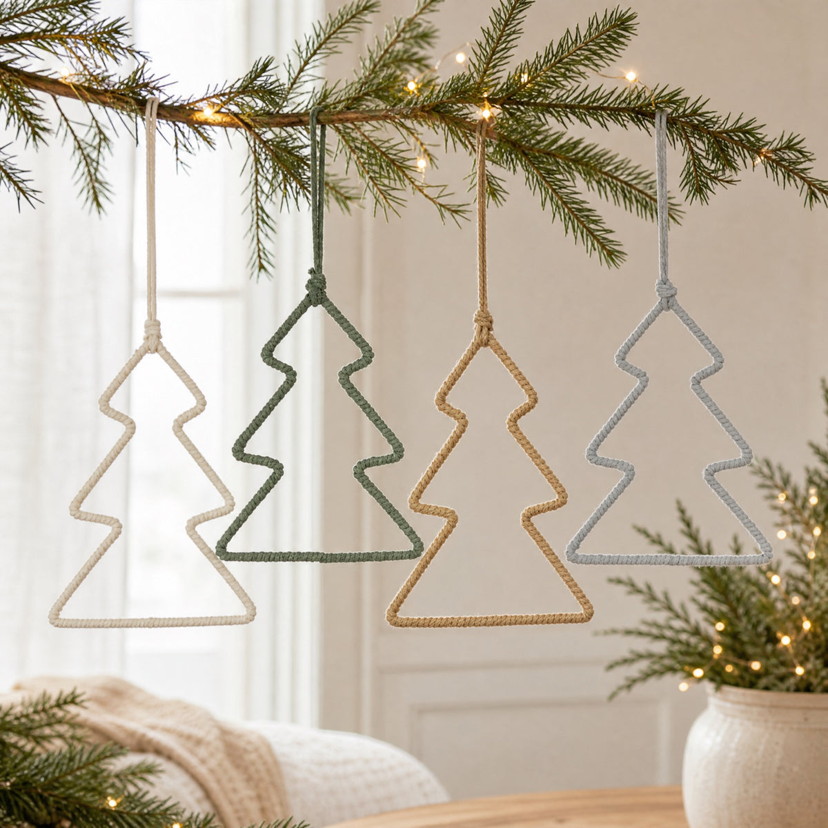 Julgran med färgat tvinnat snöre