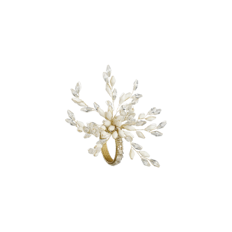 Servietring i guldfarvet metal med hvide perler i organisk design