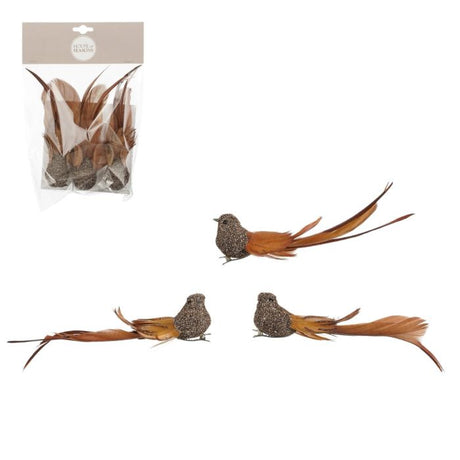 Fugle med lange fjer på klips 3-pak brune