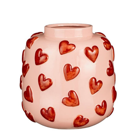 Vase lyserød med røde hjerter 28 cm høj