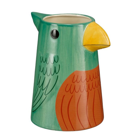 Funny Vase fugl grøn, farverig fuglevase med gult næb og orange vinger.