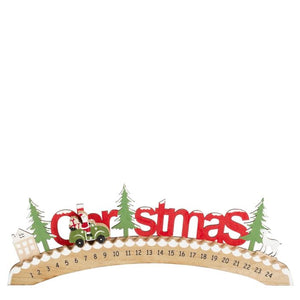 Julekalender i træ med bil, Santa i bil, og tal 1-24