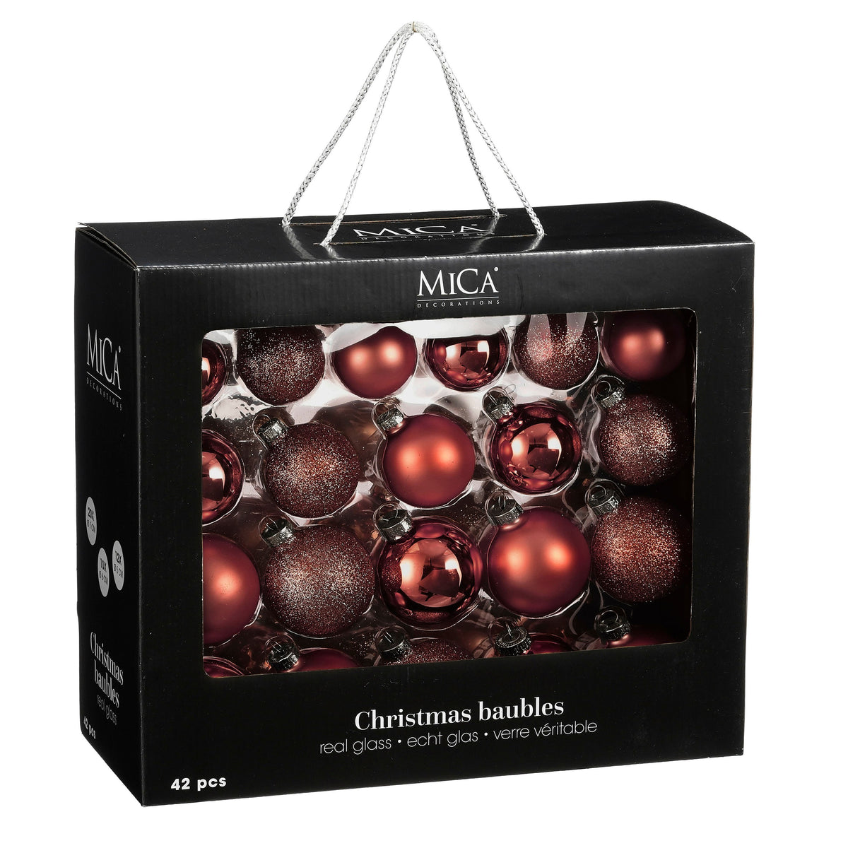 Julkulor i glas, 42-pack i vinröda nyanser