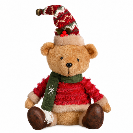 Julebamse med sweater, halstørklæde og hue med bjælde