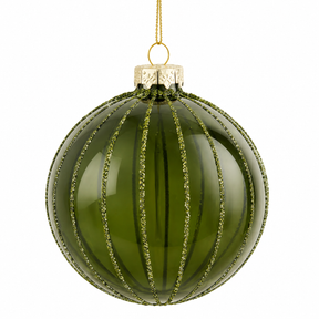 Rund julgranskula i klart olivgrönt glas med glitterränder från Mica Decorations