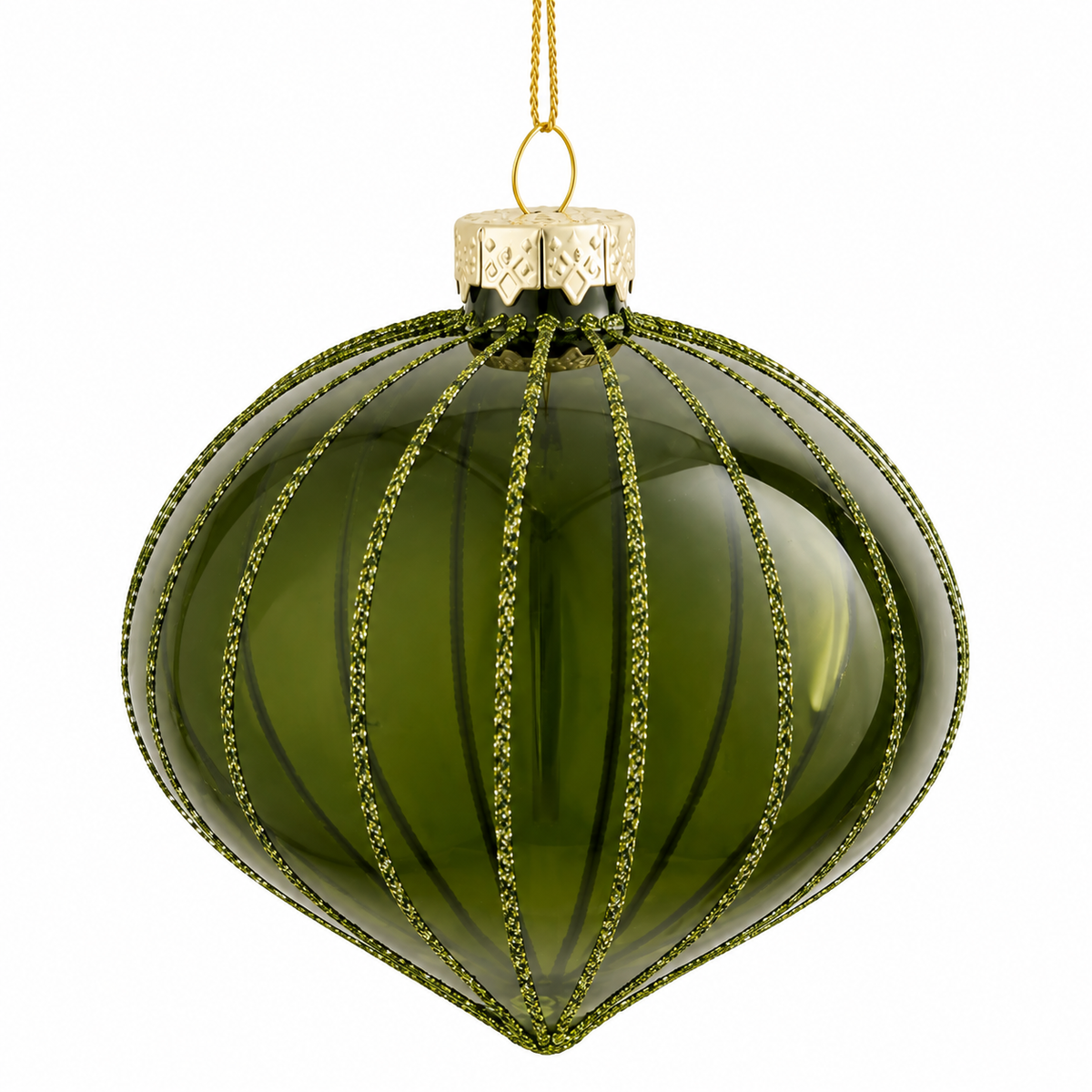 Lökformad julkula i klart olivgrönt glas med glitterränder från Mica Decorations