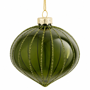 Lökformad julkula i klart olivgrönt glas med glitterränder från Mica Decorations