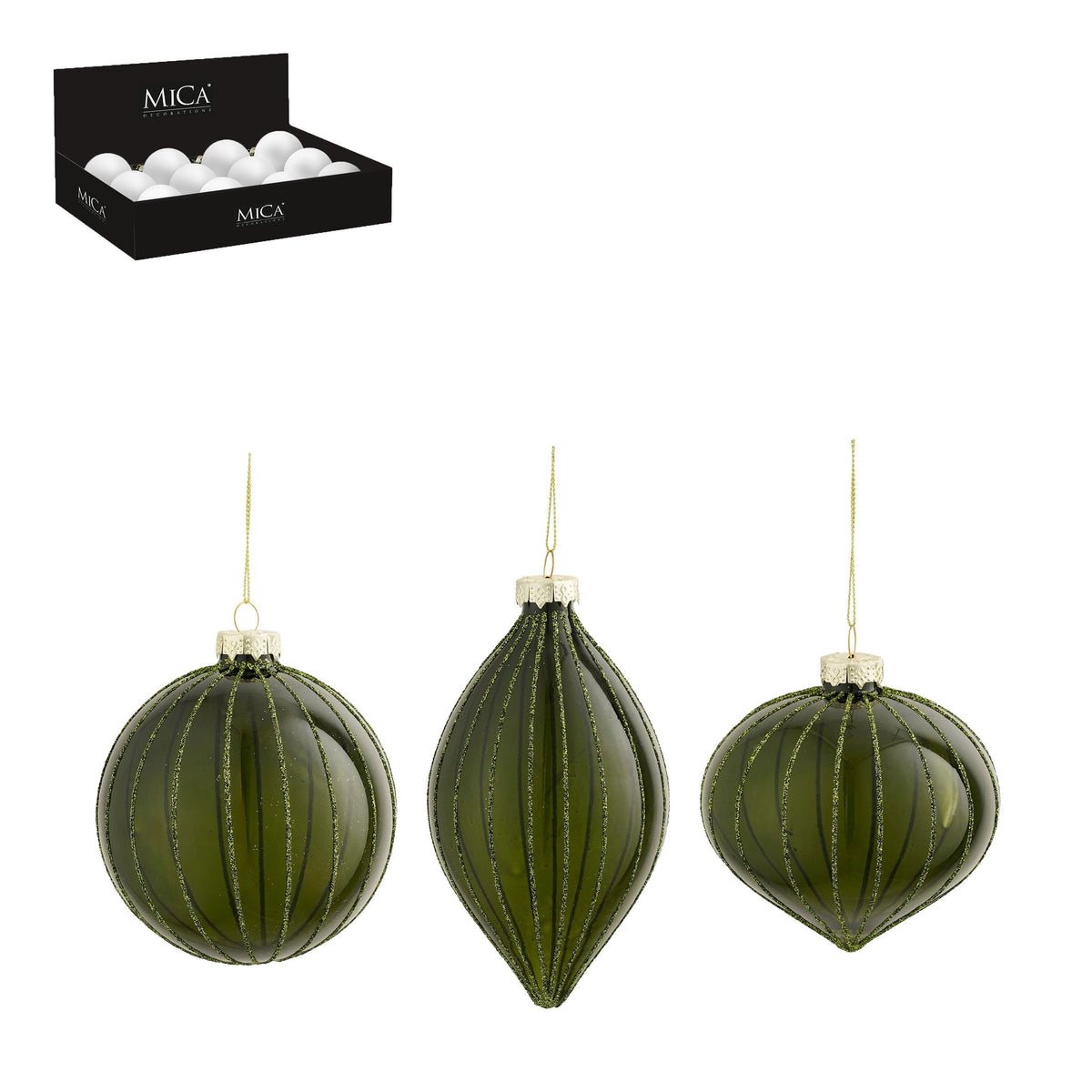 Olivgröna julgranskulor i glas från Mica Decorations med glittrande ränder och räfflor i tre olika former: runda, droppformade och lökformade