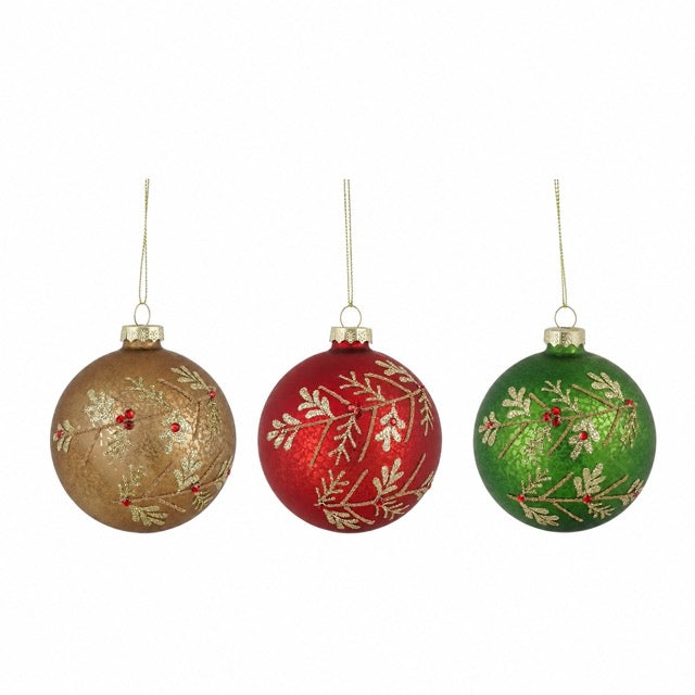 Julekugler i glas med guldfarvet grenmønster 8 cm i dia