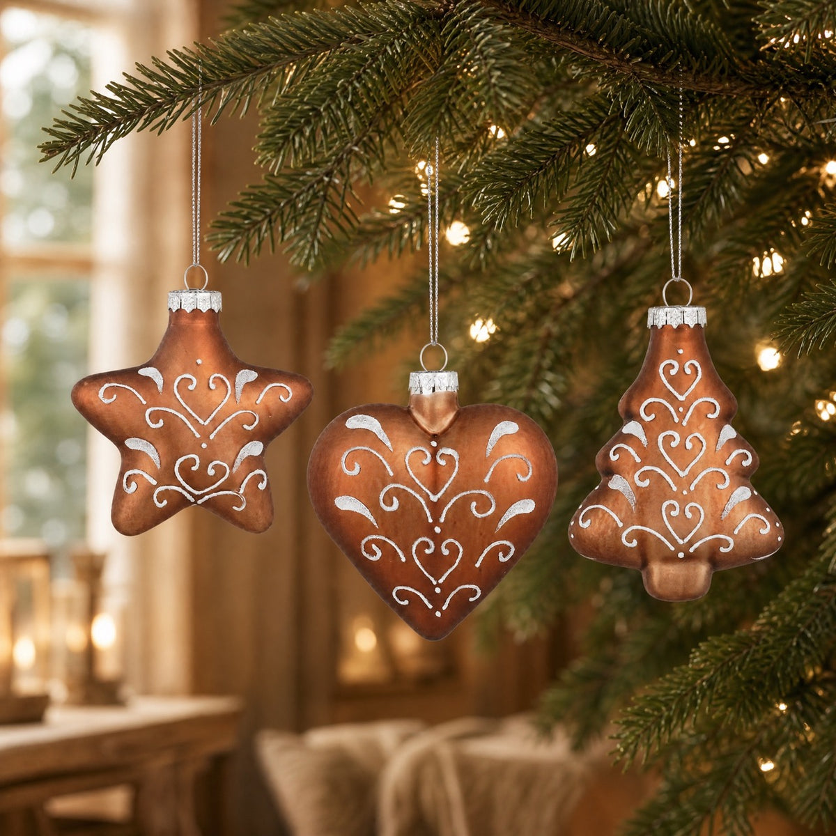 Figurformade pepparkakor i glas på julgranen