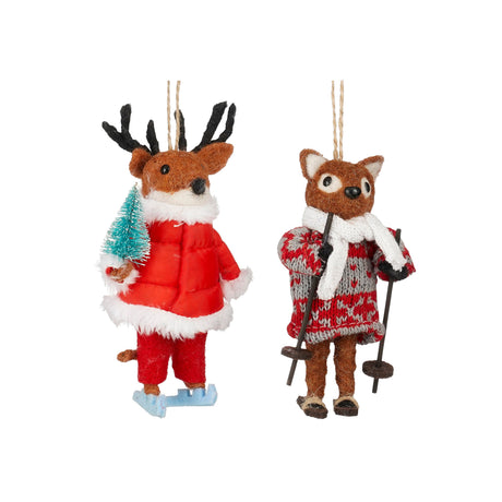 Rådjur med skridskor och räv med skidor som juldekoration