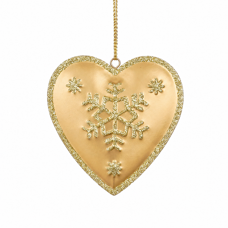 Hjerteformet julekugle i guldfarvet glas med snefnugsdekoration