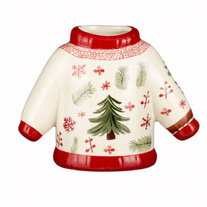 Vase formet som julesweater 12 cm høj med rød hals og hvid mave