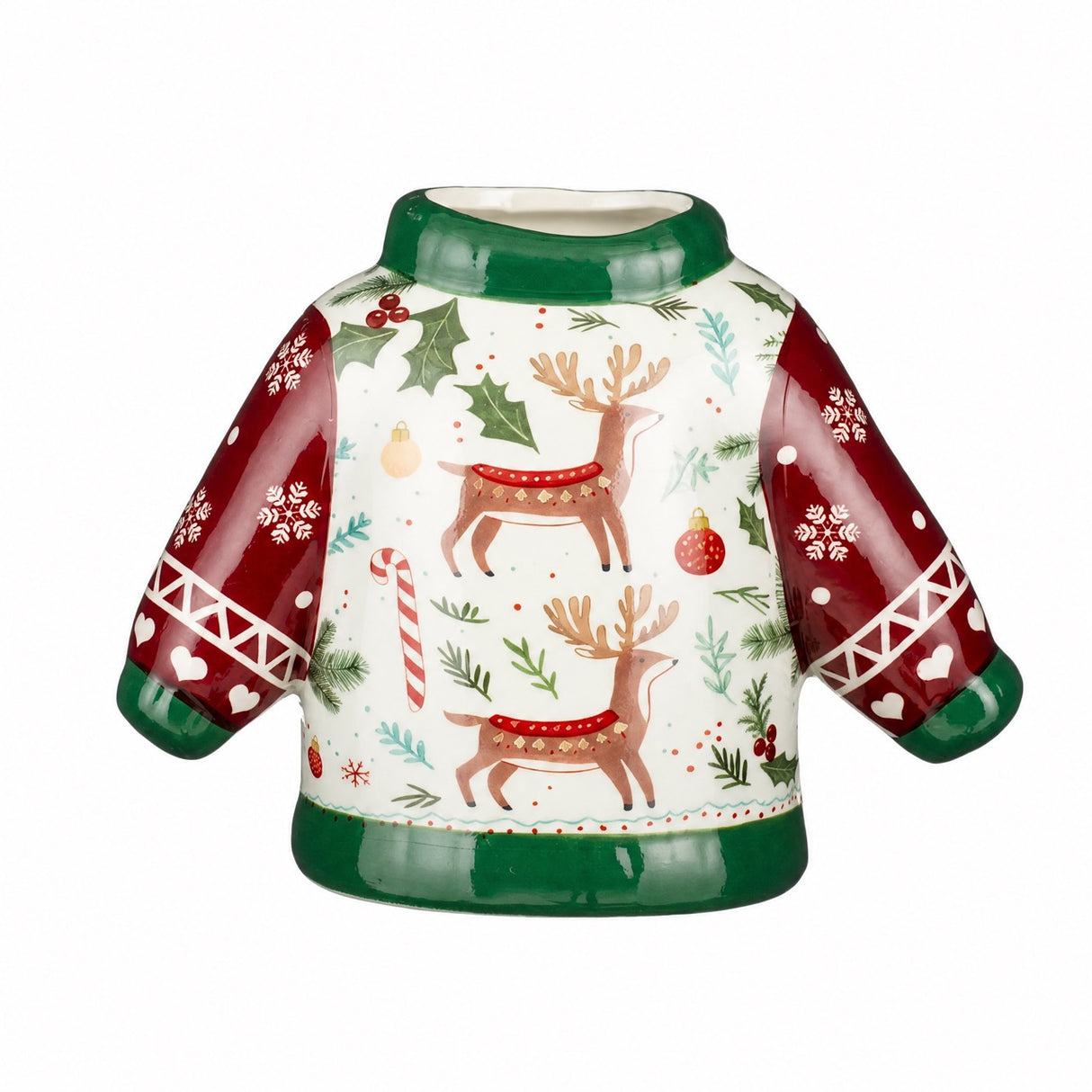 Vase formet som julesweater 12 cm høj med grøn hals