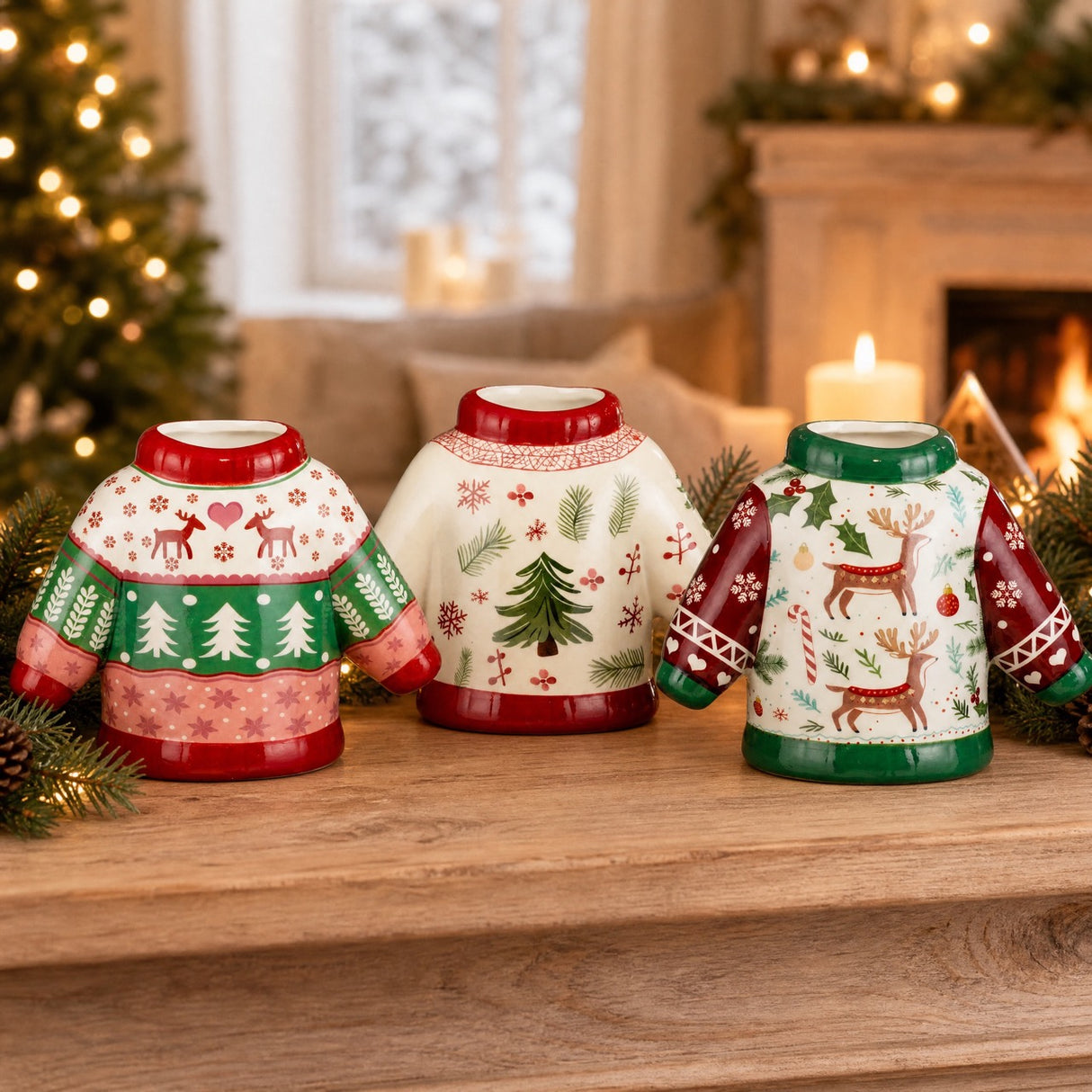 Vaser formet som julesweaterser 12 cm høje med mønstre