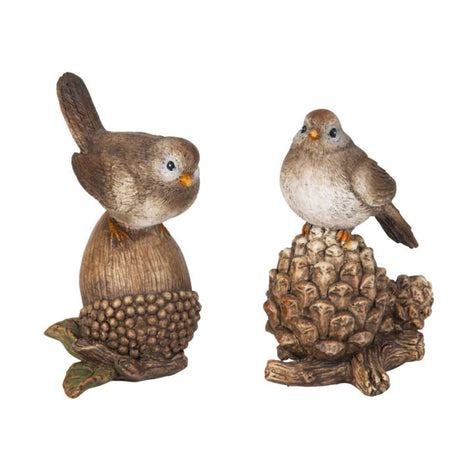 Fugl siddende på grankogle/agern 