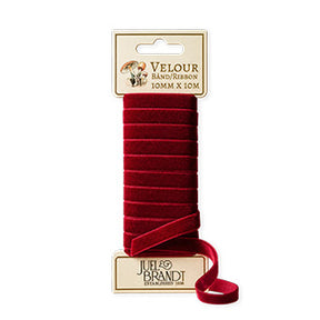 Velourband i bordeaux, 1 cm brett, 10 m, från Juel & Brandt
