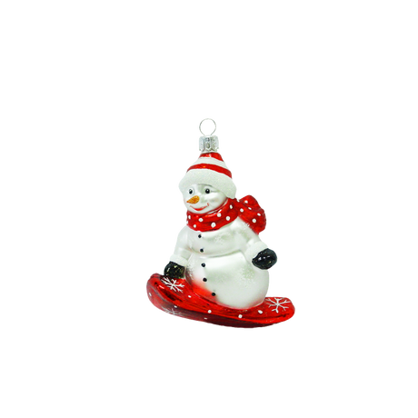 Julekugle Snemand på rødt snowboard