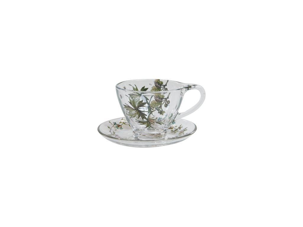 Kop med underkop og blomstermotiv i klart glas fra Speedtsberg