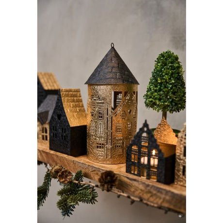 Lyshus i sort metal med dekorativ gavl 