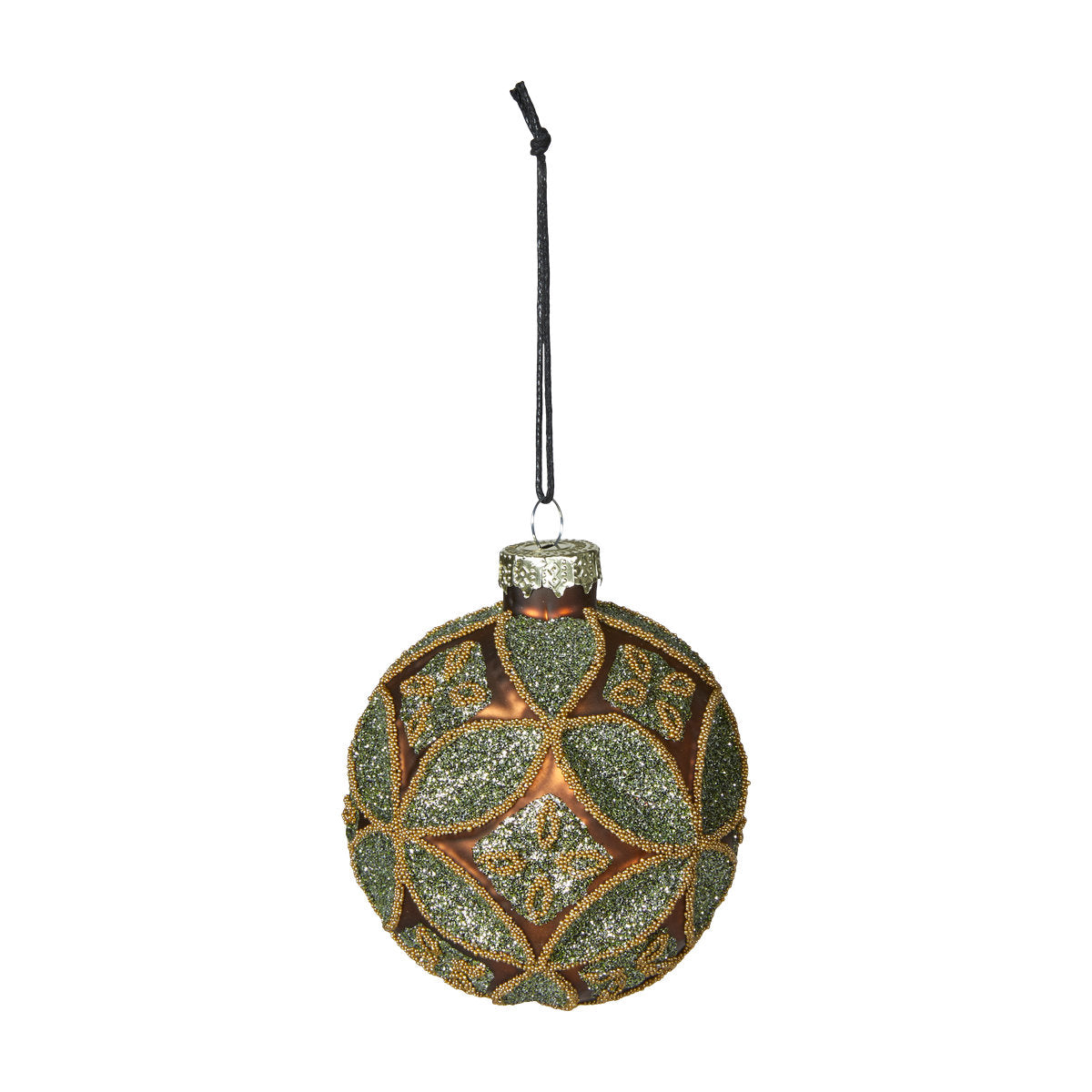 Julgranskula i gröna och guldiga nyanser från Speedtsberg, 8 cm i diameter, av glas