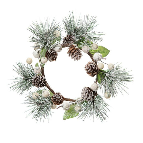 Lyskrans til bloklys med kogler, hvide bær og sne