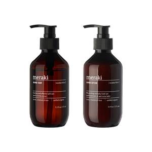 Håndsæbe og håndlotion i brune pumpeflasker fra Meraki