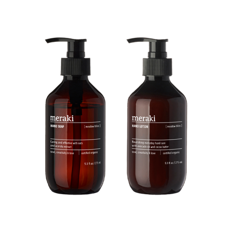 Håndsæbe og håndlotion i brune pumpeflasker fra Meraki