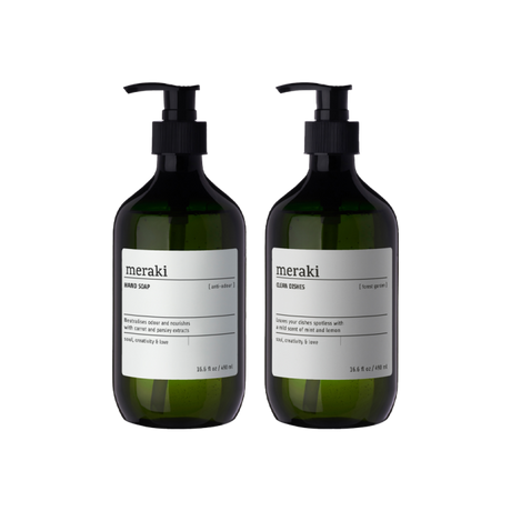 Meraki håndsæbe og opvaskemiddel i grønne flasker med pumpe
