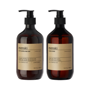 Meraki opvaskemiddel og håndsæbe i brune flasker med pumpe 
