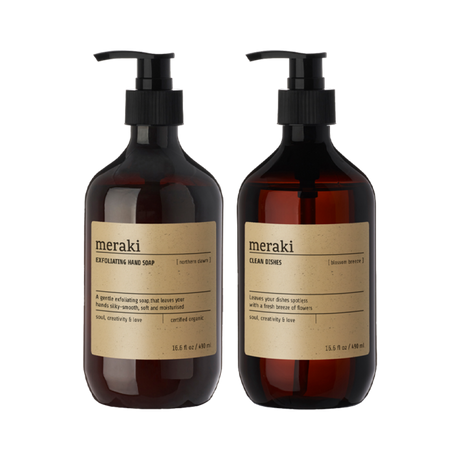Meraki opvaskemiddel og håndsæbe i brune flasker med pumpe 
