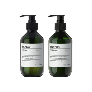 Meraki håndsæbe og håndlotion i grønne flasker