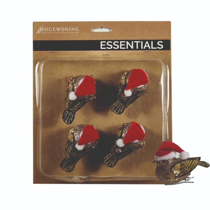 Julefugle med klips rød og guld 4-pak