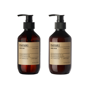 Meraki med håndsæbe og håndlotion Northern dawn i flasker med pumpehoveder