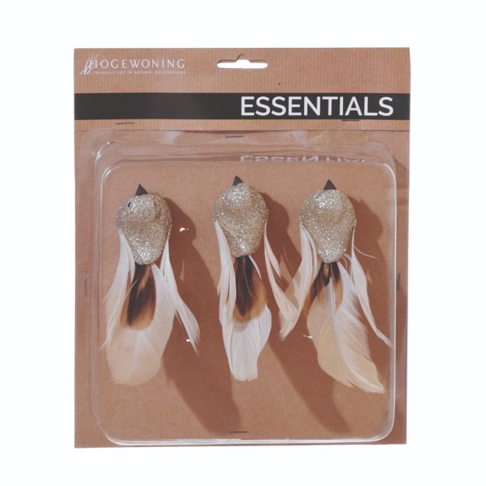 Fugle champagnefarvede med ægte fjer 3-pak