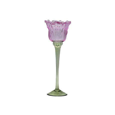 Lysestage i glas tulipan lyserød 26 cm høj