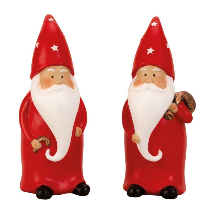 Juletroldmand med langt hvidt skæg og nissehuer med hvide stjerner i to varianter en med stok og en med julesæk. 