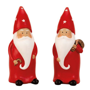 Juletroldmand med langt hvidt skæg og nissehuer med hvide stjerner i to varianter en med stok og en med julesæk. 