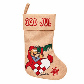 Julstrumpa med Brammingnisse med flätat hjärta och grankvist