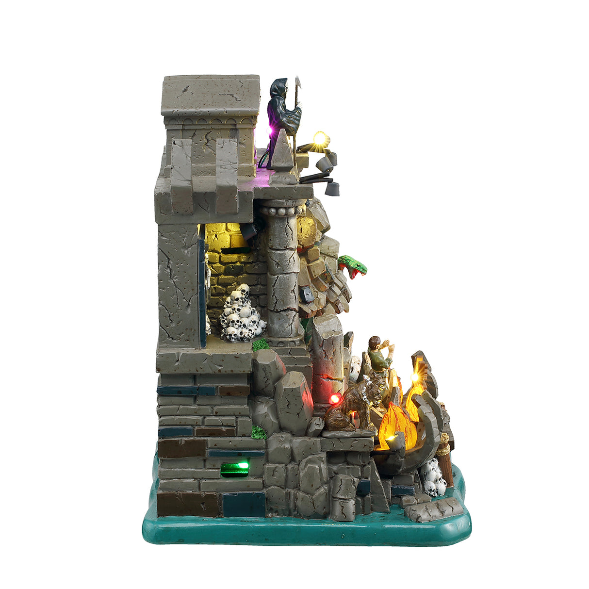 Gates To The Underworld Halloween pynt fra Lemax Spooky Town set fra siden med lyseffekter