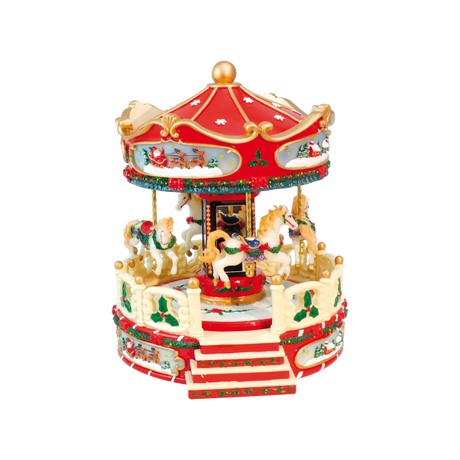 Julekarrusel i flotte julefarver med heste, der drejer rundt og forskellige julemelodier fra Musicboxworld.