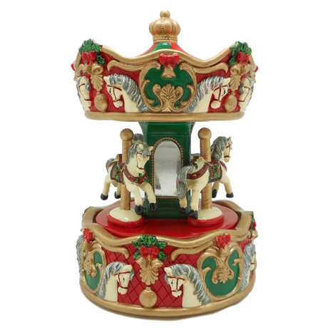 Julekarrusel med julepyntede heste kan trækkes op og derved dreje rundt og spille julemelodi fra Spilledåsernes Verden.  