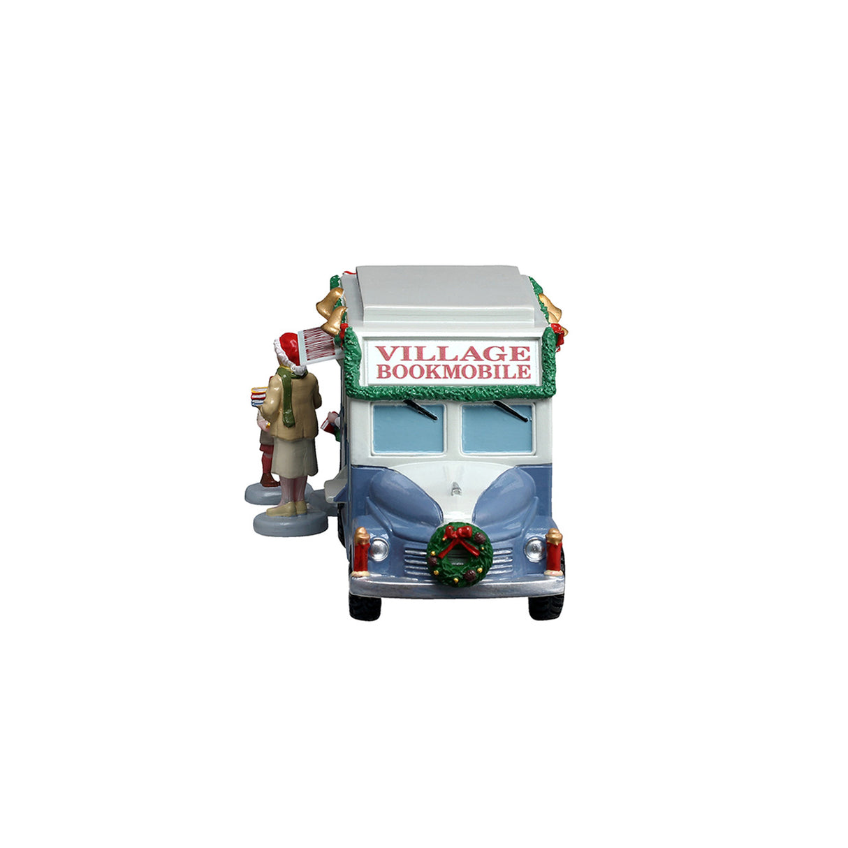 Bookmobile fra Lemax bogvogn til juleby med figurer set forfra