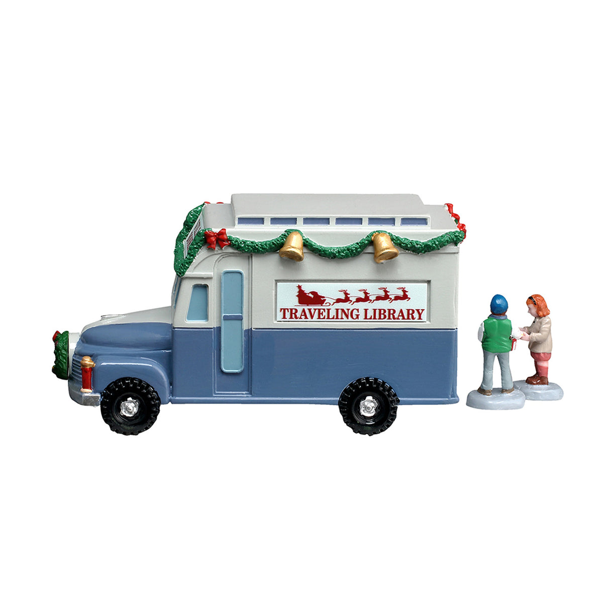 Bookmobile fra Lemax bogvogn til juleby med figurer set bagfra