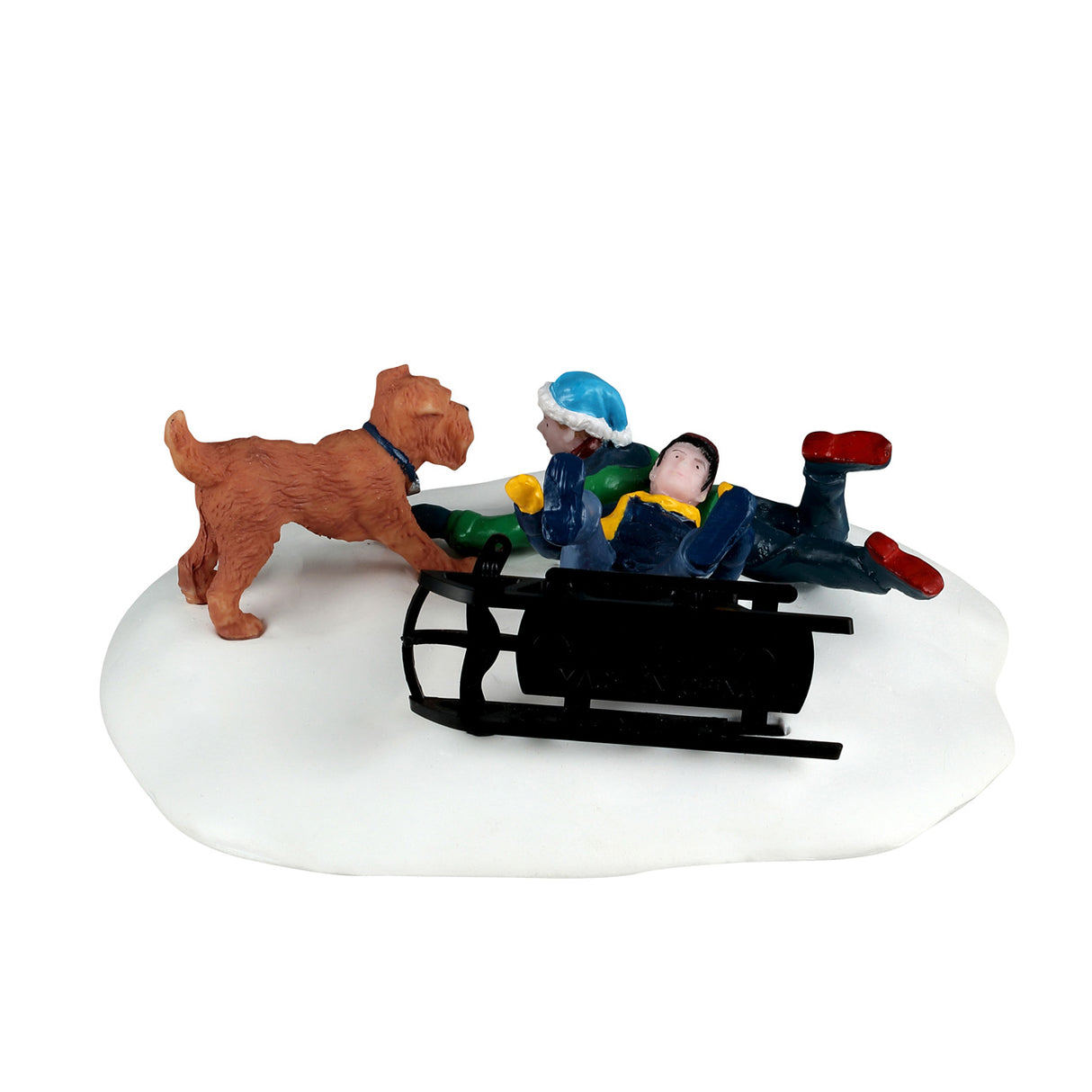 Winter Wipeout figur til juleby fra Lemax set fra den væltede kælks side af