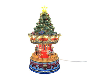 Julkarusell från Musicboxworld med pyntad julgran på taket, färgglada karusellfigurer och sockel i rött, blått och guld
