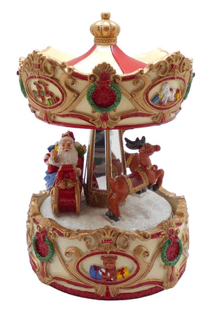 Julkarusell från Musicboxworld med jultomte i släde, renar, snö och krämfärgat tak med röda och gyllene ornament